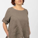 Bluza din in bej inchis, asimetrica, cu siret pe fata