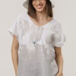 Bluza din in oversize cu funda la spate si imprimeu floral stilizat pastel, pe fond alb