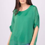 Bluza din matase si vascoza verde, cu funda pe spate