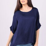 Bluza din matase si vascoza bleumarin, cu funda pe spate
