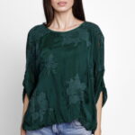 Bluza din matase si vascoza brodata, cu dantela pe spate, verde inchis