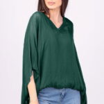 Bluza din matase si vascoza verde inchis, cu decolteu in V in fata si pe spate