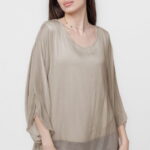 Bluza din matase si vascoza cu maneca clopot, bej inchis