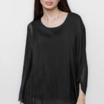 Bluza din matase si vascoza cu maneca clopot, neagra