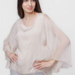 Bluza din matase si vascoza cu maneca clopot, bej