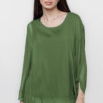 Bluza din matase si vascoza cu maneca clopot, verde oliv