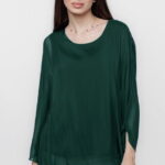 Bluza din matase si vascoza cu maneca clopot, verde inchis