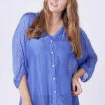 Bluza tip camasa din matase si vascoza albastru electric, cu elastic la maneci si dublura