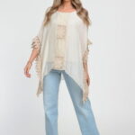 Bluza boho bej, din matase si vascoza, in colturi, cu insertie de broderie si tivita cu dantela macrame