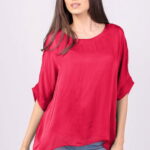 Bluza din matase si vascoza fucsia inchis, cu funda pe spate