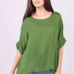 Bluza din matase si vascoza cu funda pe spate, verde oliv