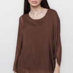 Bluza din matase si vascoza cu maneca clopot, maro