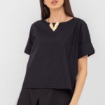 Bluza din poplin de bumbac  cu nasturi pe spate, neagra
