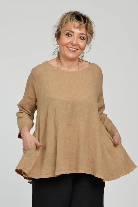 bluza-evazata-cu-clin-la-spate-din-in-camel-741428 Bluza evazata cu clin la spate din in, camel - imagine 1