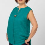 Bluza fara maneci din in cu nasture metalic decorativ, turcoaz