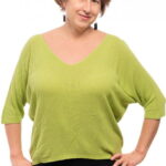 Bluza fin tricotata bob de orez, cu maneca fluture 3 4, verde deschis