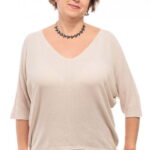 Bluza fin tricotata bob de orez, cu maneca fluture 3 4, bej inchis