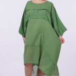 Rochie oversize verde olive, din in si batist de bumbac