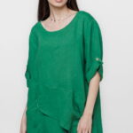 Bluza lunga tunica, in colturi, din in, verde