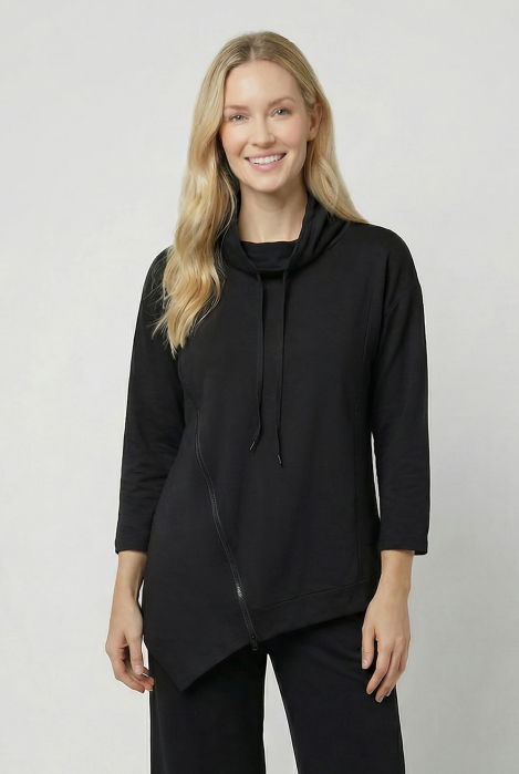 bluza-tunica-cu-colt-guler-inalt-reglabil-si-fermoar-oblic-neagra-copie-139548 Bluza tunica cu colt, din vascoza, cu guler inalt, fermoar oblic si croi asimetric, neagra - imagine 1
