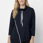 Bluza tunica cu colt, din bumbac, cu guler inalt reglabil si fermoar oblic, bleumarin