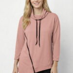 Bluza tunica cu colt, din bumbac, guler inalt reglabil si fermoar oblic, roz prafuit