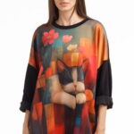 Bluza tunica oversized neagra cu pisica somnoroasa, din vascoza
