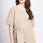 Bluza bej din in, asimetrica, cu siret lateral