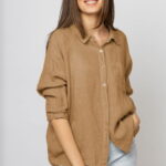Camasa din in cu inel metalic pe spate Stella Milani, camel
