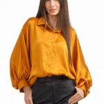 Camasa eleganta din satin, cu maneci bufante, galben mustar