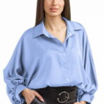 Camasa eleganta din satin, cu maneci bufante, bleu
