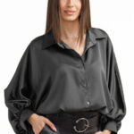Camasa eleganta din satin, cu maneci bufante, gri