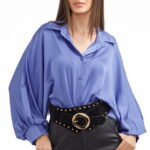 Camasa eleganta din satin, cu maneci bufante, albastra