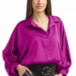 Camasa eleganta din satin, cu maneci bufante, magenta