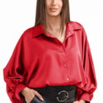 Camasa eleganta din satin, cu maneci bufante, rosie