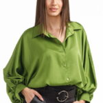 Camasa eleganta din satin, cu maneci bufante, verde olive
