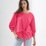 Camasa roz fucsia din poplin de bumbac cu funda in fata