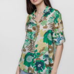 Camasa subtire din vascoza, cu guler clasic si imprimeu floral in nuante de verde