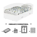Creeaza-ti Dormitorul ALMA, alb, de la Pat Colt 120x200 cm, cu 2 sertare laterale pe role, adauga Saltea, Noptiere, Comoda, Dulap