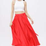 Fusta rosie clos din satin, cu elastic si cordon in talie