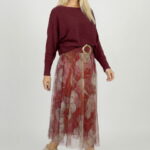 Fusta clos din tulle cu imprimeu floral in nuante de bordo si roz