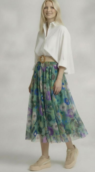 fusta-clos-din-tulle-cu-imprimeu-floral-pictural-pe-fond-verde-900284 Fusta clos din tulle cu imprimeu floral pictural pe fond verde - imagine 1