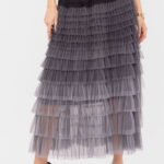 Fusta maxi din tulle, cu volane suprapuse, in degrade gri-negru