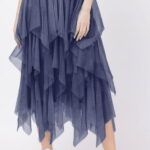 Fusta din tulle, in straturi inegale, lunga, bleumarin