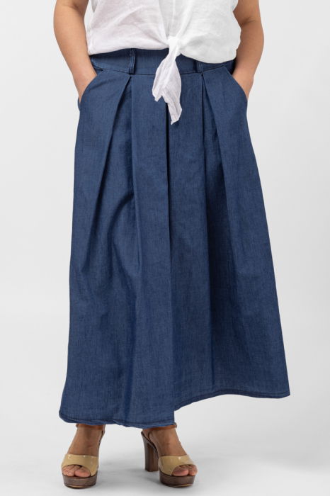 fusta-lalea-din-bumbac-bleumarin-copie-872014 Fusta denim cu pense, albastru jeans inchis - imagine 1