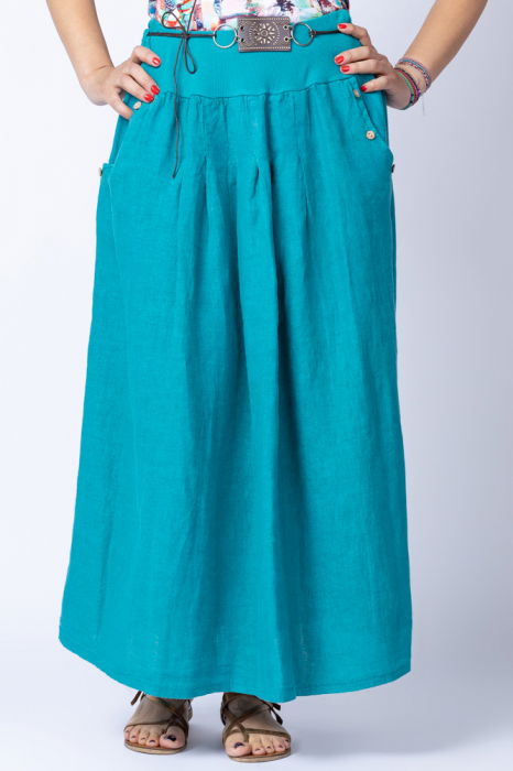 fusta-lunga-casual-albastru-jeans-din-in-cu-o-curea-fancy-3036-2889 Fusta lunga casual, turcoaz, din in, cu o curea fancy - imagine 1