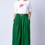 Fusta lunga casual, verde intens, din in, cu o curea fancy