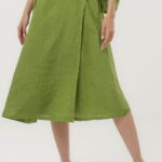 Fusta midi in stil petrecut din in, verde olive