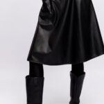 Fusta midi neagra, A-line, din piele ecologica