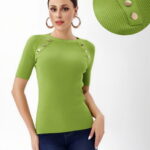 Pulover cu maneca scurta si nasturi metalici decorativi, verde olive